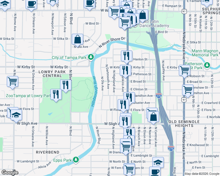 map of restaurants, bars, coffee shops, grocery stores, and more near 7314 North Dartmouth Avenue in Tampa