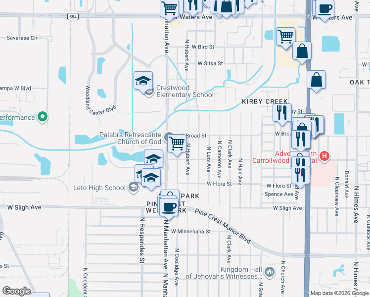 map of restaurants, bars, coffee shops, grocery stores, and more near 7213 North Hubert Avenue in Tampa