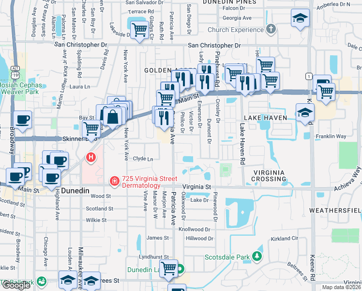 map of restaurants, bars, coffee shops, grocery stores, and more near 1008 Desoto Drive in Dunedin