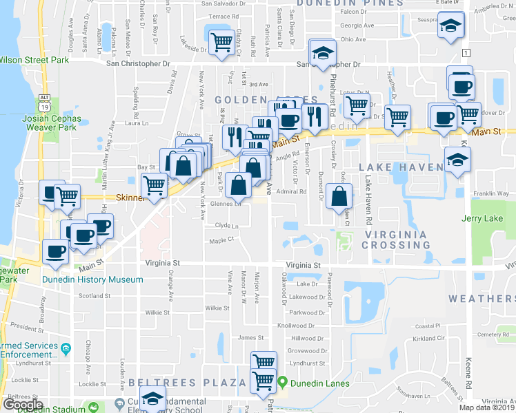 map of restaurants, bars, coffee shops, grocery stores, and more near 880 Patricia Avenue in Dunedin