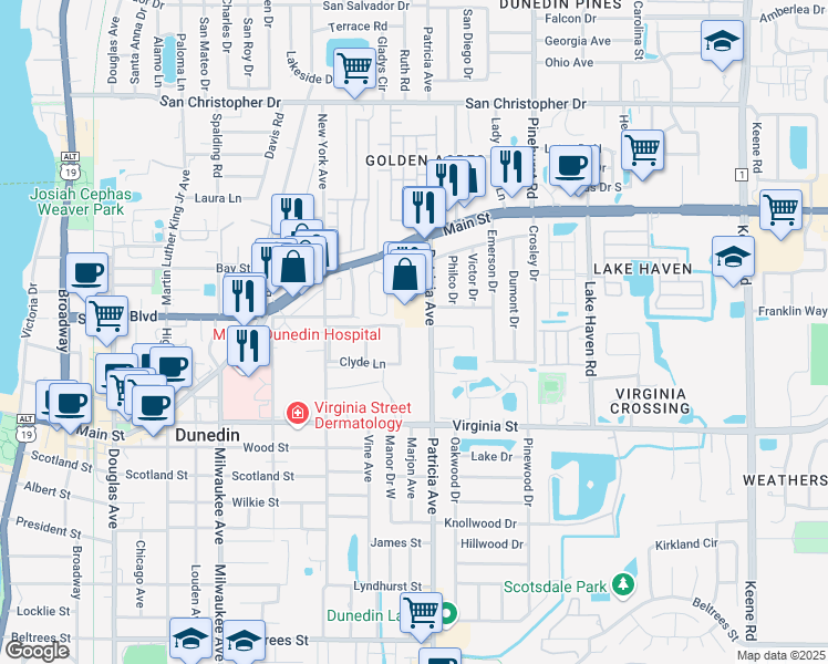 map of restaurants, bars, coffee shops, grocery stores, and more near 880 Patricia Avenue in Dunedin