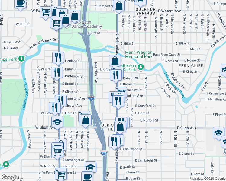 map of restaurants, bars, coffee shops, grocery stores, and more near 710 East Crenshaw Street in Tampa