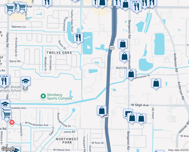 map of restaurants, bars, coffee shops, grocery stores, and more near 6021 Lanshire Drive in Tampa