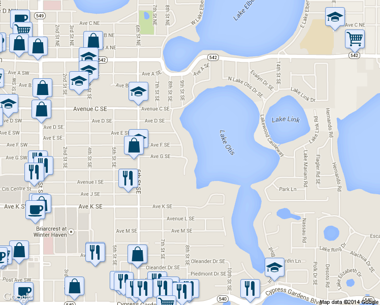 map of restaurants, bars, coffee shops, grocery stores, and more near 730 Lake Otis Drive Southeast in Winter Haven