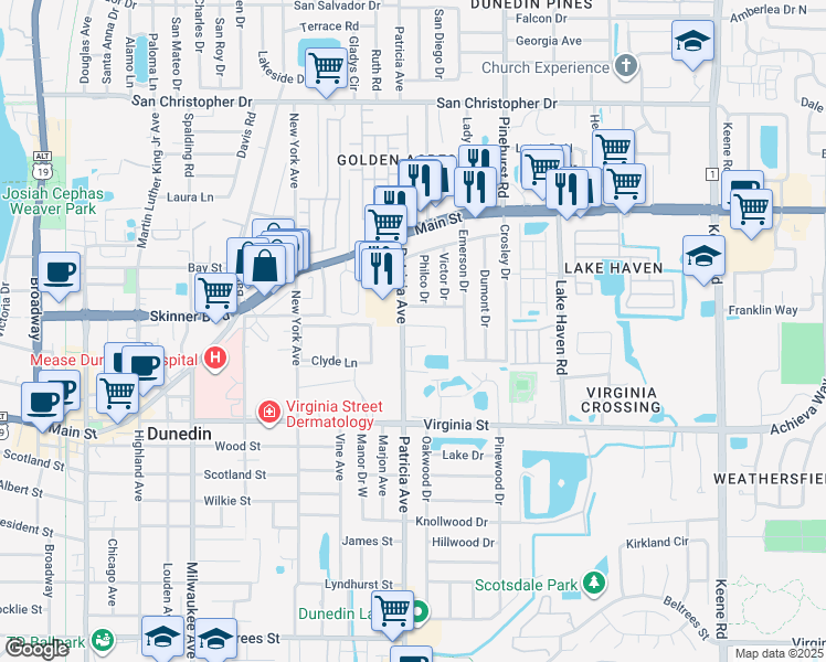map of restaurants, bars, coffee shops, grocery stores, and more near 1009 Desoto Drive in Dunedin