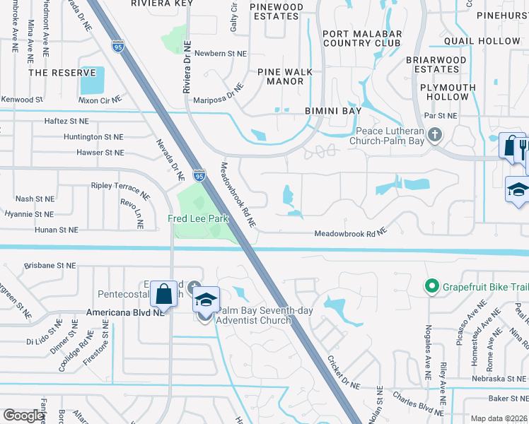 map of restaurants, bars, coffee shops, grocery stores, and more near 785 Seymour Road Northeast in Palm Bay