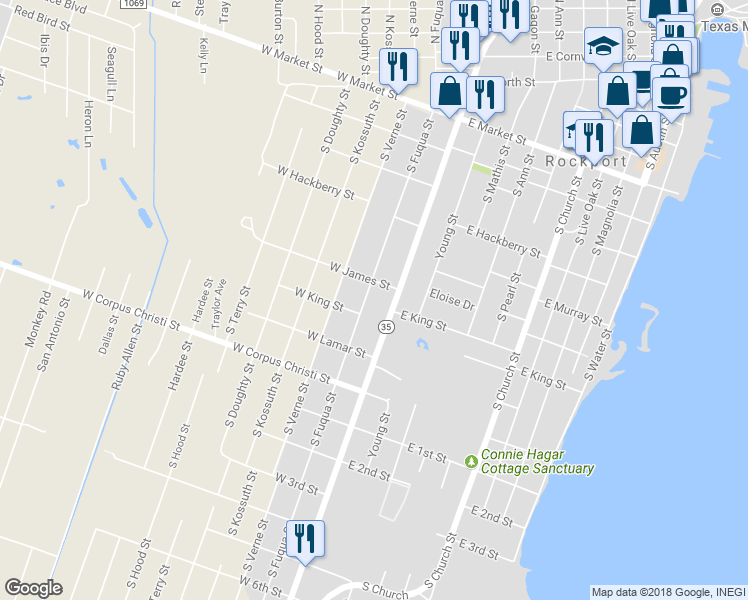 map of restaurants, bars, coffee shops, grocery stores, and more near 616 S Fuqua St in Rockport