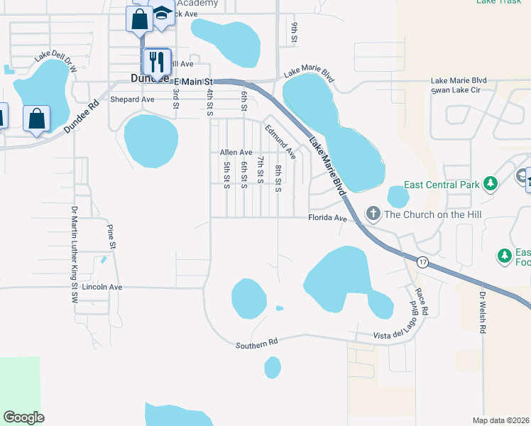 map of restaurants, bars, coffee shops, grocery stores, and more near 519 7th Street South in Dundee