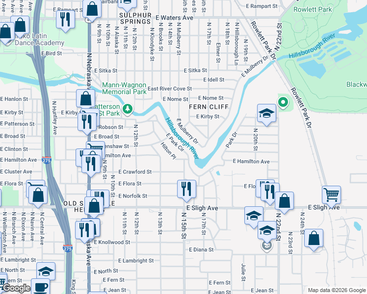 map of restaurants, bars, coffee shops, grocery stores, and more near 1424 East Park Circle in Tampa
