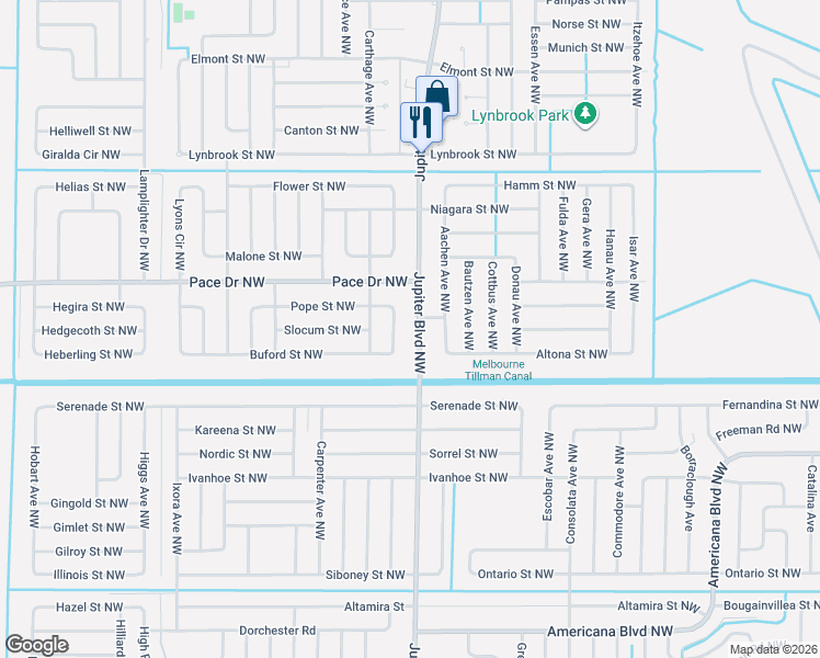 map of restaurants, bars, coffee shops, grocery stores, and more near 1090 Jupiter Boulevard Northwest in Palm Bay