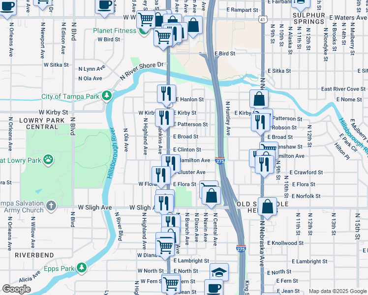 map of restaurants, bars, coffee shops, grocery stores, and more near 110 East Clinton Street in Tampa