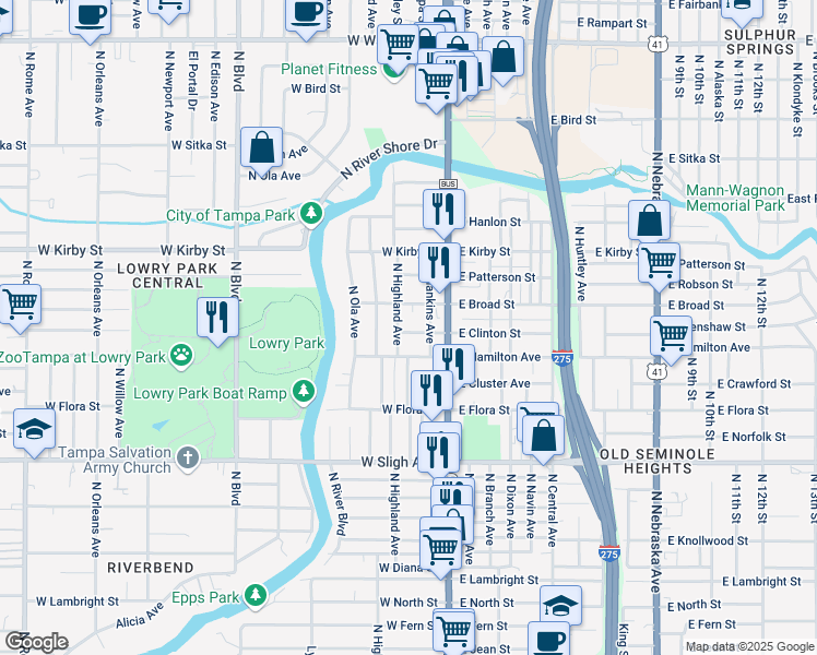 map of restaurants, bars, coffee shops, grocery stores, and more near 211 West Clinton Street in Tampa