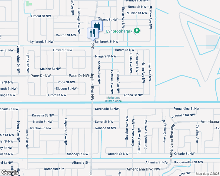 map of restaurants, bars, coffee shops, grocery stores, and more near 720 Cottbus Avenue Northwest in Palm Bay