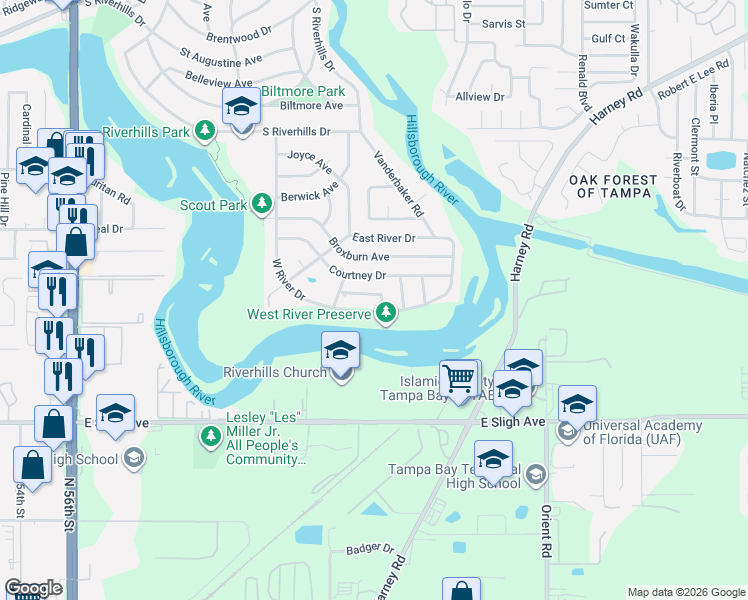 map of restaurants, bars, coffee shops, grocery stores, and more near 509 Falmouth Street in Tampa