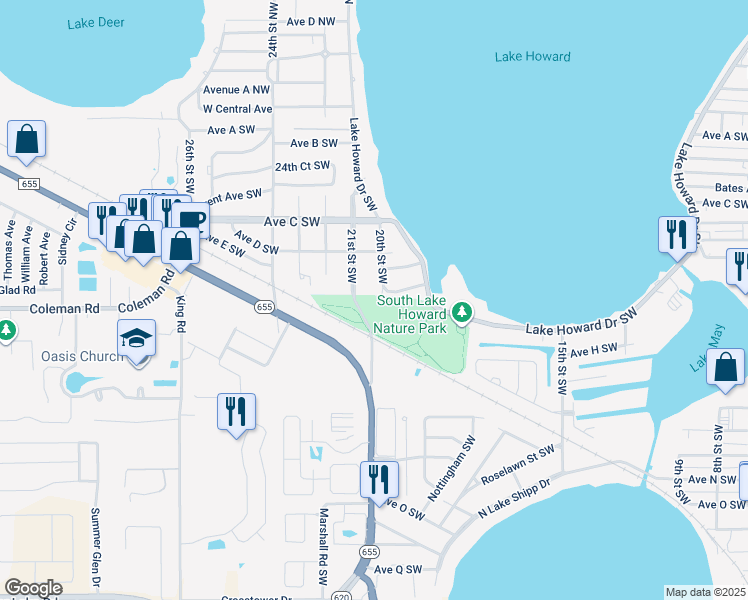 map of restaurants, bars, coffee shops, grocery stores, and more near 625 20th Street Southwest in Winter Haven
