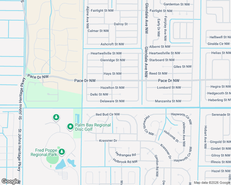 map of restaurants, bars, coffee shops, grocery stores, and more near 1777 Delki Street Northwest in Palm Bay