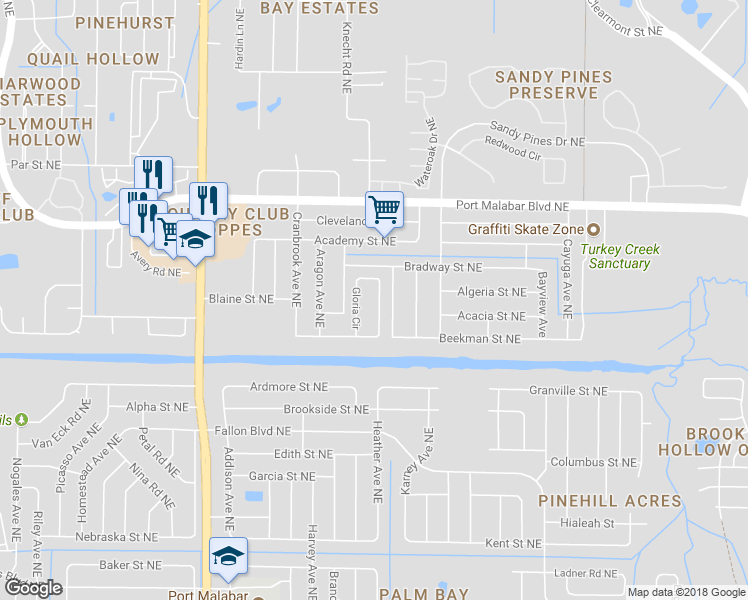 map of restaurants, bars, coffee shops, grocery stores, and more near 1973 Gloria Circle in Palm Bay