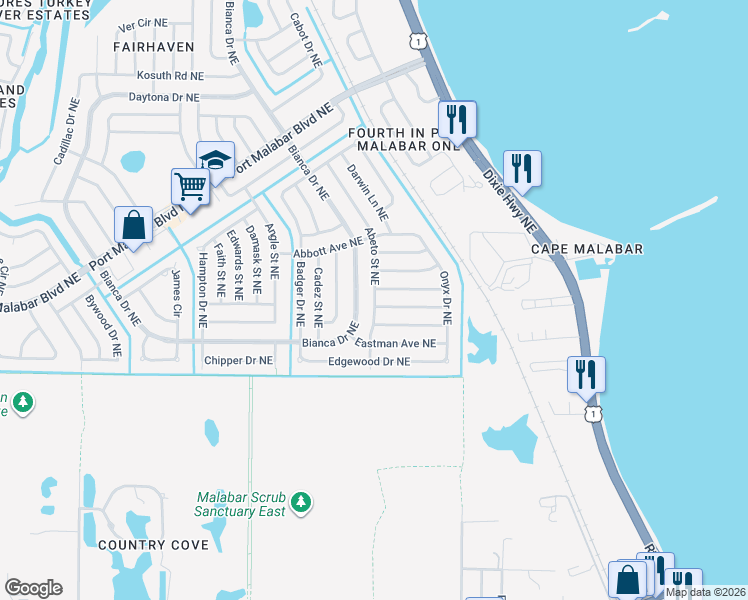 map of restaurants, bars, coffee shops, grocery stores, and more near 770 Abeto Street Northeast in Palm Bay