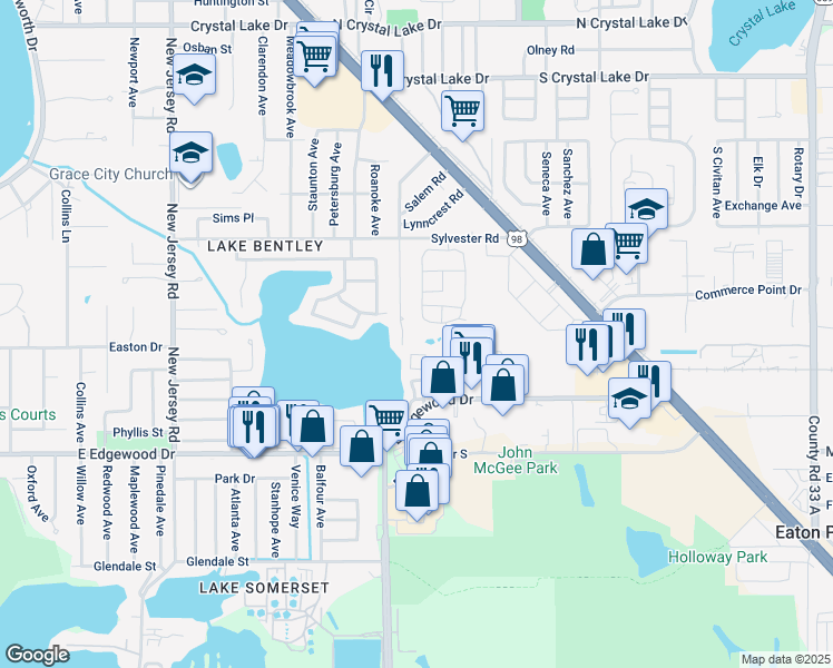 map of restaurants, bars, coffee shops, grocery stores, and more near 2025 Sylvester Road in Lakeland