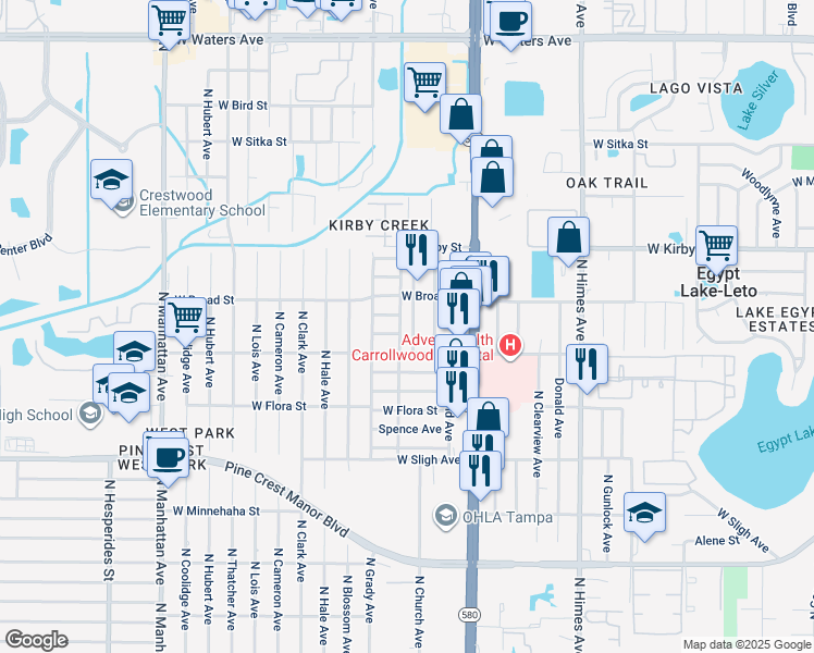 map of restaurants, bars, coffee shops, grocery stores, and more near 7211 North Richard Avenue in Tampa