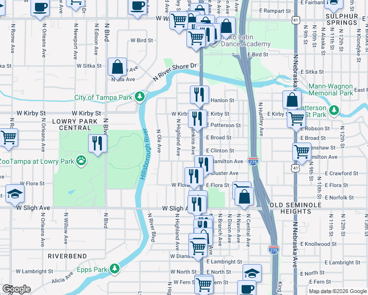 map of restaurants, bars, coffee shops, grocery stores, and more near 211 West Clinton Street in Tampa