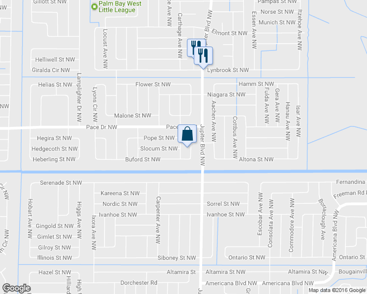 map of restaurants, bars, coffee shops, grocery stores, and more near 741 Brookson Avenue Northwest in Palm Bay