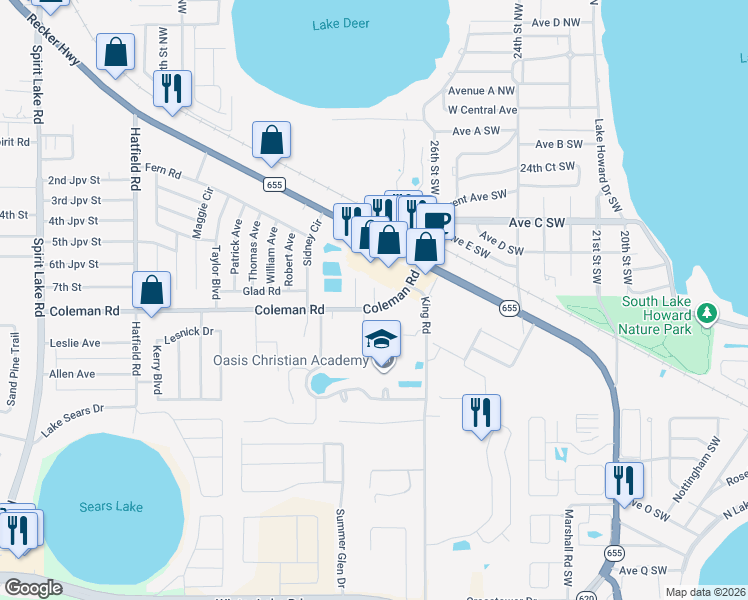 map of restaurants, bars, coffee shops, grocery stores, and more near 25 Carla Court in Winter Haven