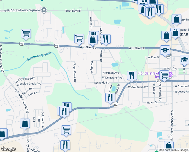 map of restaurants, bars, coffee shops, grocery stores, and more near 304 Pevetty Drive in Plant City