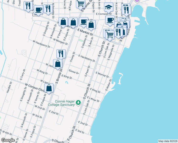 map of restaurants, bars, coffee shops, grocery stores, and more near 1010 S Pearl St in Rockport