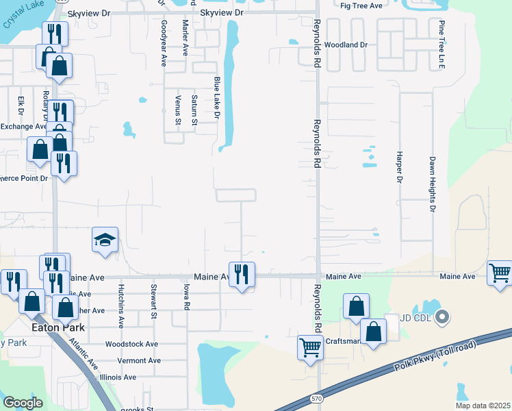 map of restaurants, bars, coffee shops, grocery stores, and more near 3221 Crystal Hills Loop South in Lakeland