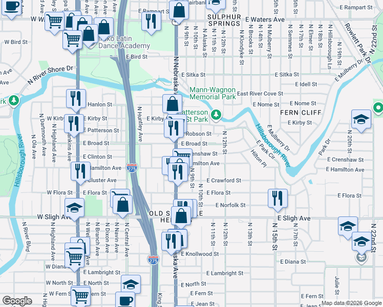 map of restaurants, bars, coffee shops, grocery stores, and more near 904 East Crenshaw Street in Tampa