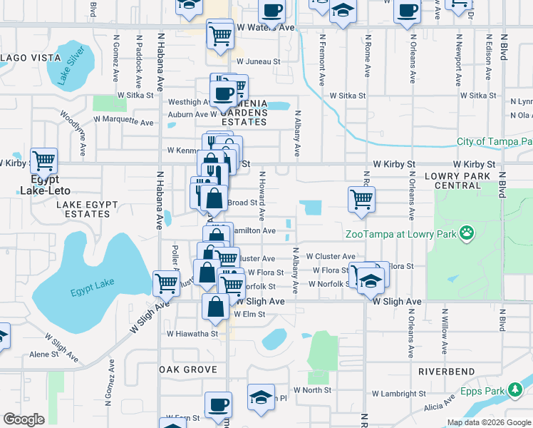 map of restaurants, bars, coffee shops, grocery stores, and more near 7401 North Howard Avenue in Tampa