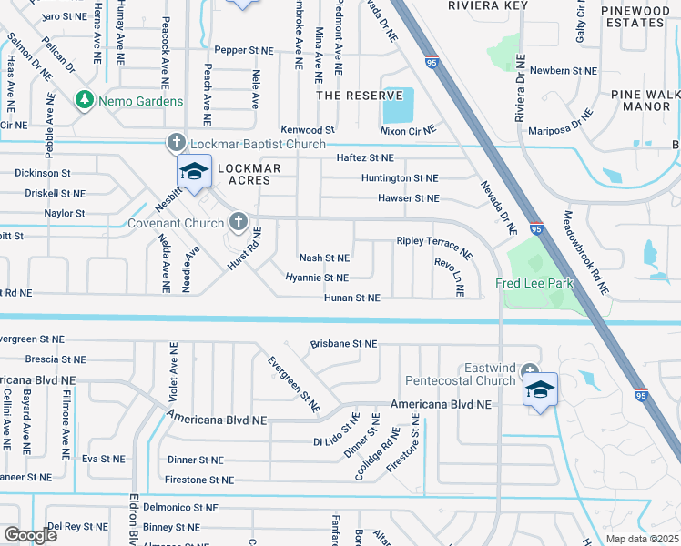 map of restaurants, bars, coffee shops, grocery stores, and more near 703 Hyannie Street Northeast in Palm Bay