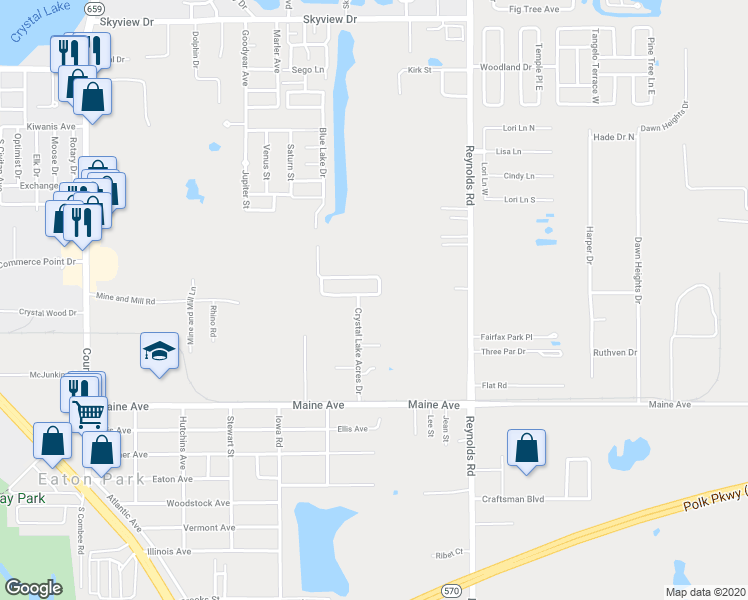 map of restaurants, bars, coffee shops, grocery stores, and more near 3221 Crystal Hills Loop South in Lakeland