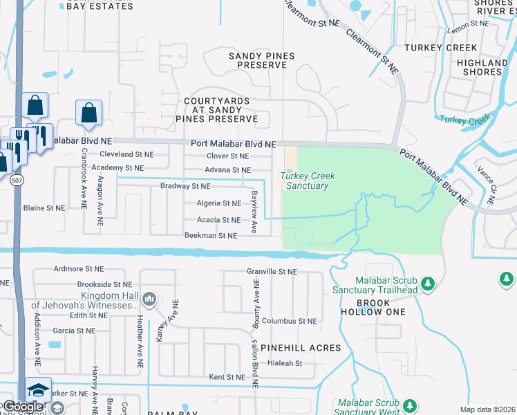 map of restaurants, bars, coffee shops, grocery stores, and more near 755 Bayview Avenue in Palm Bay