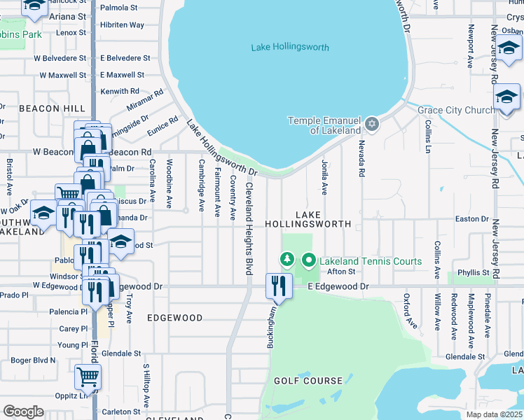 map of restaurants, bars, coffee shops, grocery stores, and more near 2411 Derbyshire Avenue in Lakeland