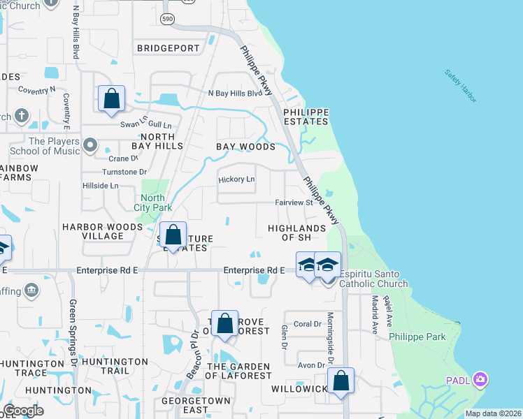 map of restaurants, bars, coffee shops, grocery stores, and more near 3585 Fairview Street in Safety Harbor