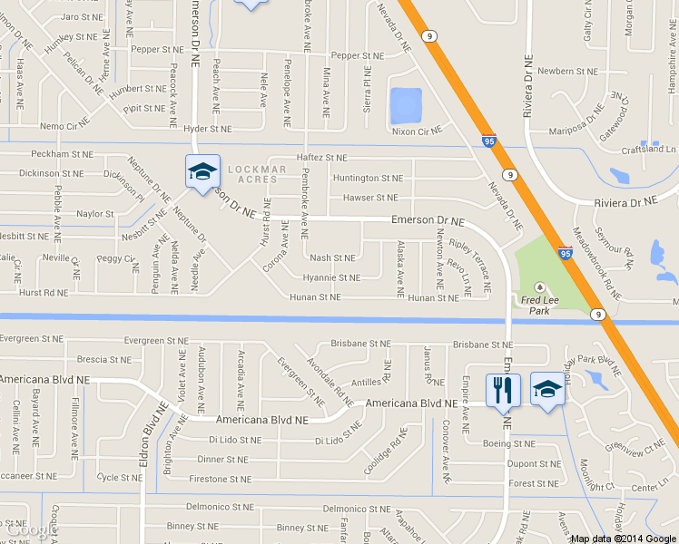 map of restaurants, bars, coffee shops, grocery stores, and more near 703 Hyannie Street Northeast in Palm Bay