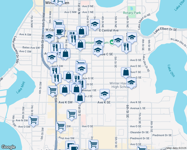 map of restaurants, bars, coffee shops, grocery stores, and more near 608 2nd Street Southeast in Winter Haven
