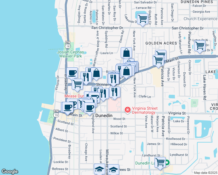 map of restaurants, bars, coffee shops, grocery stores, and more near 615 Skinner Boulevard in Dunedin