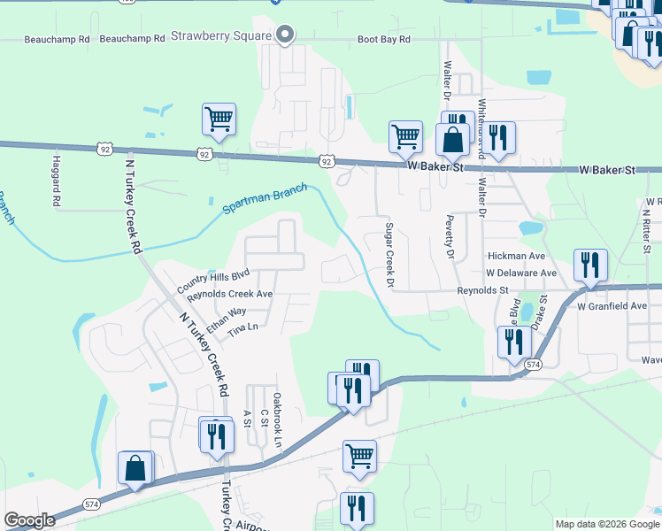 map of restaurants, bars, coffee shops, grocery stores, and more near 3920 Creek Woods Drive in Plant City