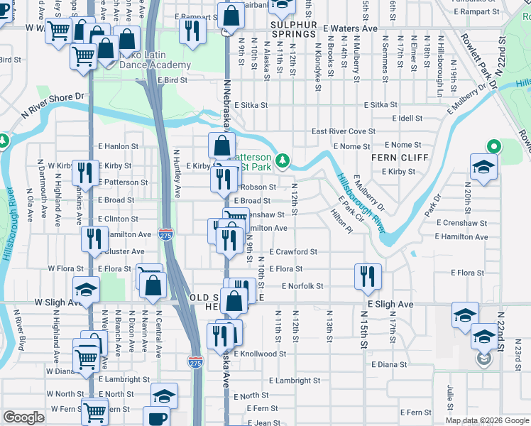 map of restaurants, bars, coffee shops, grocery stores, and more near 1002 East Crenshaw Street in Tampa