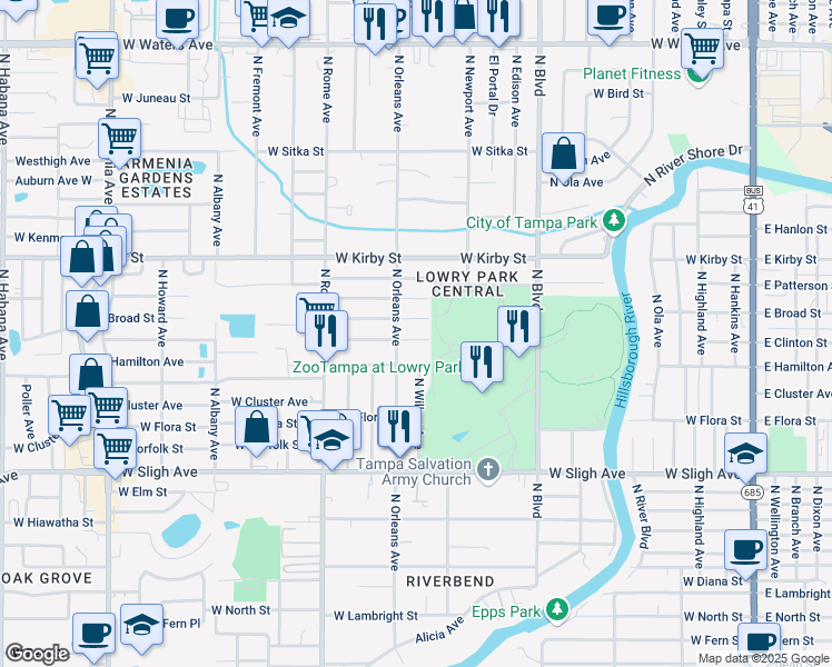 map of restaurants, bars, coffee shops, grocery stores, and more near 1315 West Clinton Street in Tampa