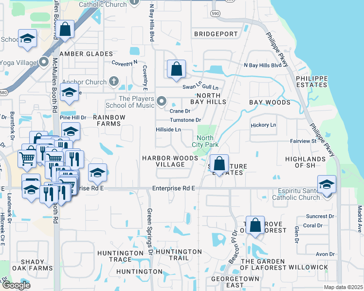 map of restaurants, bars, coffee shops, grocery stores, and more near 3080 Hillside Lane in Safety Harbor