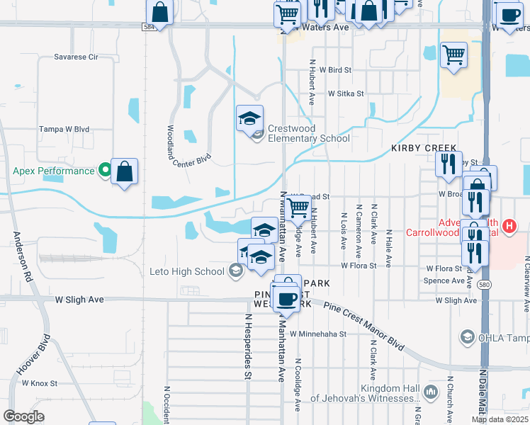 map of restaurants, bars, coffee shops, grocery stores, and more near 7209 North Manhattan Avenue in Tampa