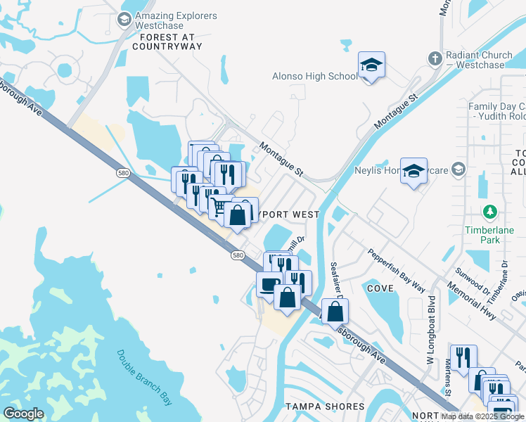 map of restaurants, bars, coffee shops, grocery stores, and more near 7134 Silvermill Dr in Tampa
