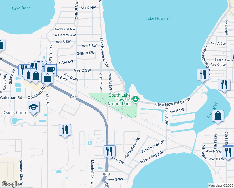 map of restaurants, bars, coffee shops, grocery stores, and more near 1984 Avenue F Southwest in Winter Haven