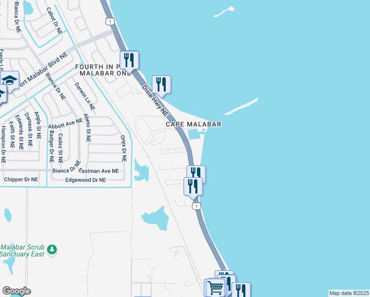 map of restaurants, bars, coffee shops, grocery stores, and more near 5040 Overlook Drive in Palm Bay