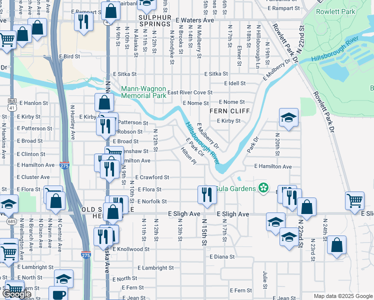 map of restaurants, bars, coffee shops, grocery stores, and more near 1406 Hilton Pl in Tampa