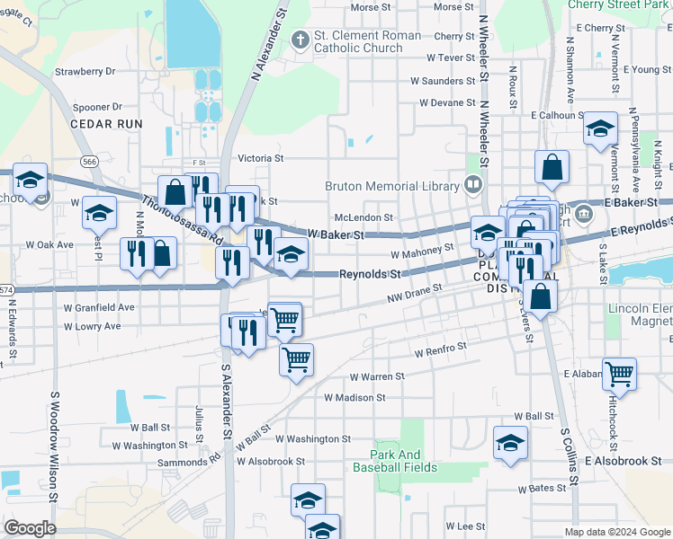 map of restaurants, bars, coffee shops, grocery stores, and more near 1102 Reynolds Street in Plant City